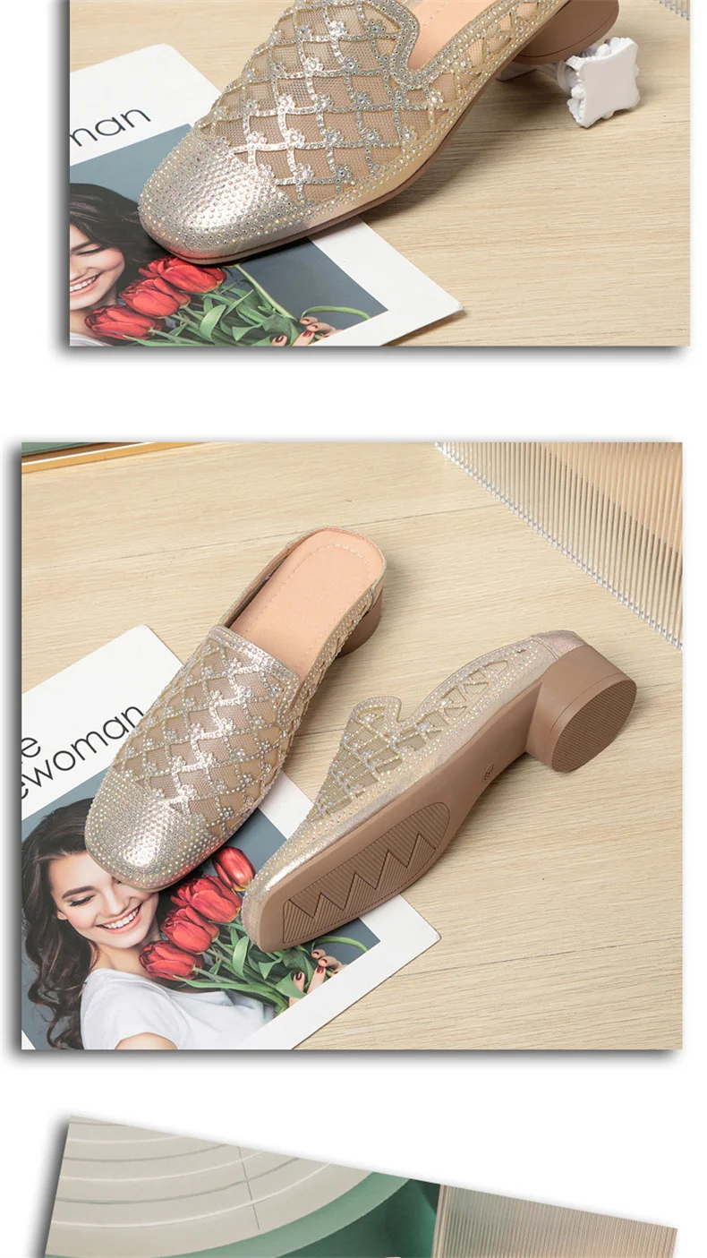 Summer 2024 Fashion Rhinestone Close Head Cutout Slippers Women Mules Breathable Slingback Soft Bottom  Casual Shoes