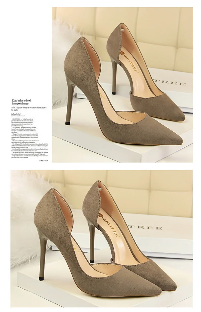 Women Shallow Mouth Side Hollow Flock High Heels Pumps Black Pink Red Stiletto Office Wedding Pointed Toe Single Shoes