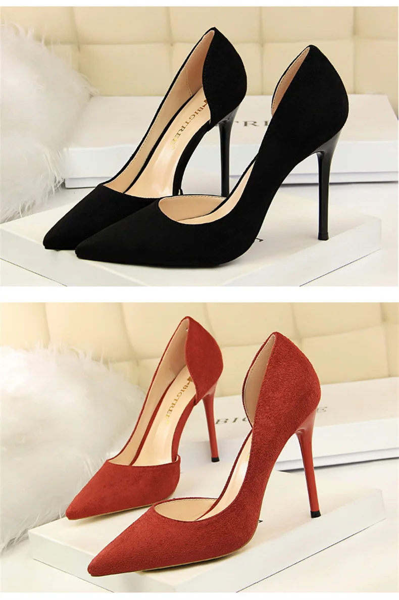 Women Shallow Mouth Side Hollow Flock High Heels Pumps Black Pink Red Stiletto Office Wedding Pointed Toe Single Shoes