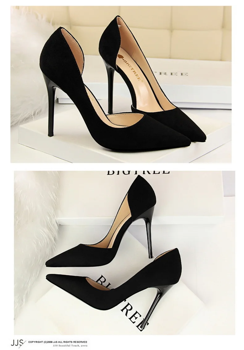 Women Shallow Mouth Side Hollow Flock High Heels Pumps Black Pink Red Stiletto Office Wedding Pointed Toe Single Shoes
