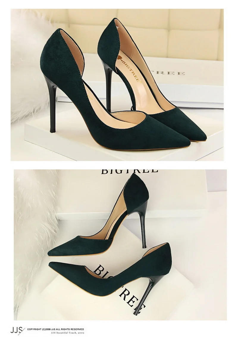 Women Shallow Mouth Side Hollow Flock High Heels Pumps Black Pink Red Stiletto Office Wedding Pointed Toe Single Shoes