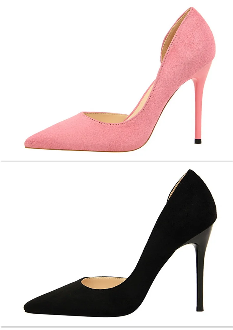 Women Shallow Mouth Side Hollow Flock High Heels Pumps Black Pink Red Stiletto Office Wedding Pointed Toe Single Shoes