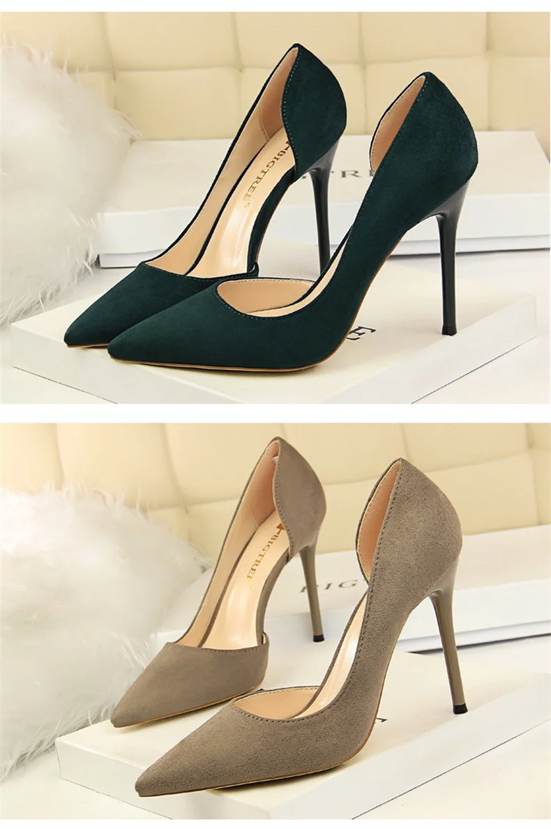 Women Shallow Mouth Side Hollow Flock High Heels Pumps Black Pink Red Stiletto Office Wedding Pointed Toe Single Shoes