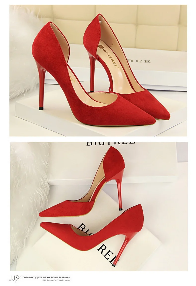 Women Shallow Mouth Side Hollow Flock High Heels Pumps Black Pink Red Stiletto Office Wedding Pointed Toe Single Shoes