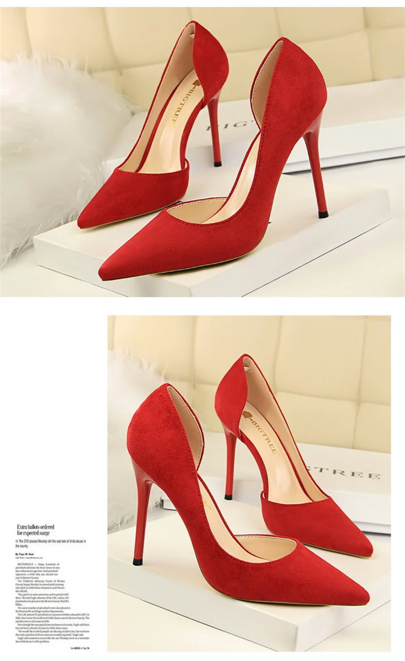 Women Shallow Mouth Side Hollow Flock High Heels Pumps Black Pink Red Stiletto Office Wedding Pointed Toe Single Shoes