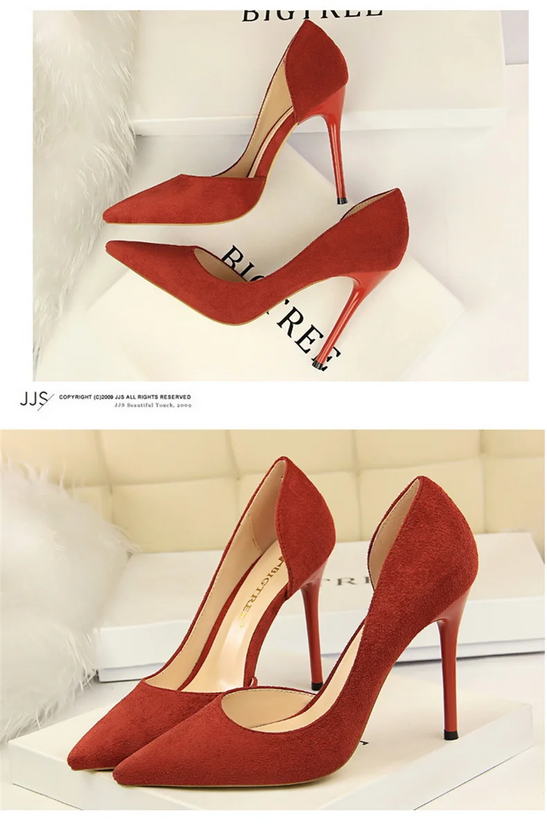 Women Shallow Mouth Side Hollow Flock High Heels Pumps Black Pink Red Stiletto Office Wedding Pointed Toe Single Shoes