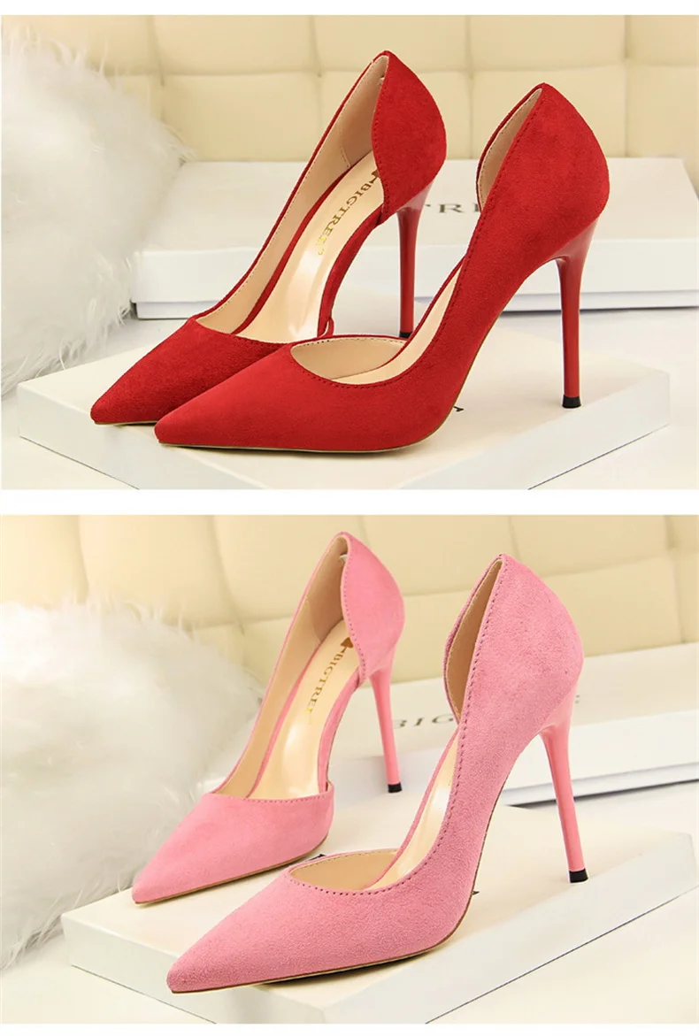 Women Shallow Mouth Side Hollow Flock High Heels Pumps Black Pink Red Stiletto Office Wedding Pointed Toe Single Shoes