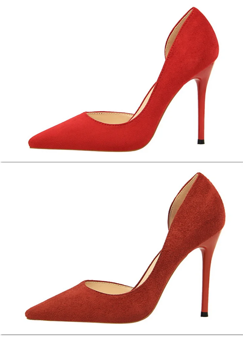 Women Shallow Mouth Side Hollow Flock High Heels Pumps Black Pink Red Stiletto Office Wedding Pointed Toe Single Shoes