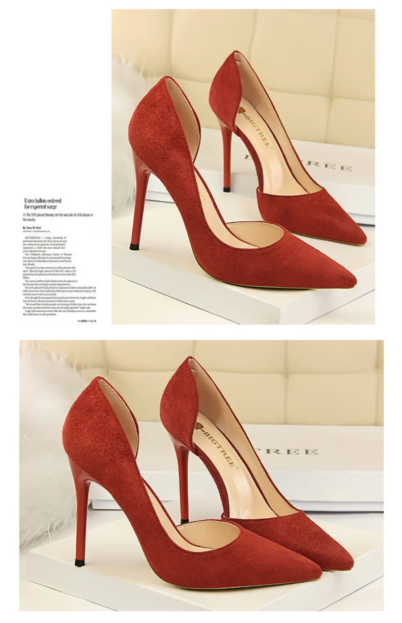 Women Shallow Mouth Side Hollow Flock High Heels Pumps Black Pink Red Stiletto Office Wedding Pointed Toe Single Shoes