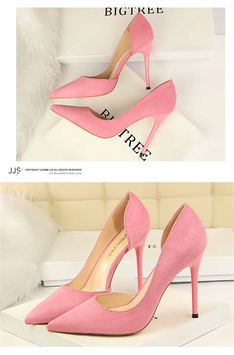 Women Shallow Mouth Side Hollow Flock High Heels Pumps Black Pink Red Stiletto Office Wedding Pointed Toe Single Shoes