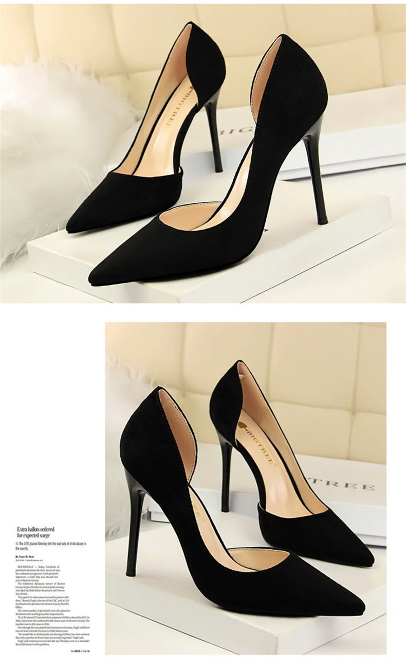Women Shallow Mouth Side Hollow Flock High Heels Pumps Black Pink Red Stiletto Office Wedding Pointed Toe Single Shoes