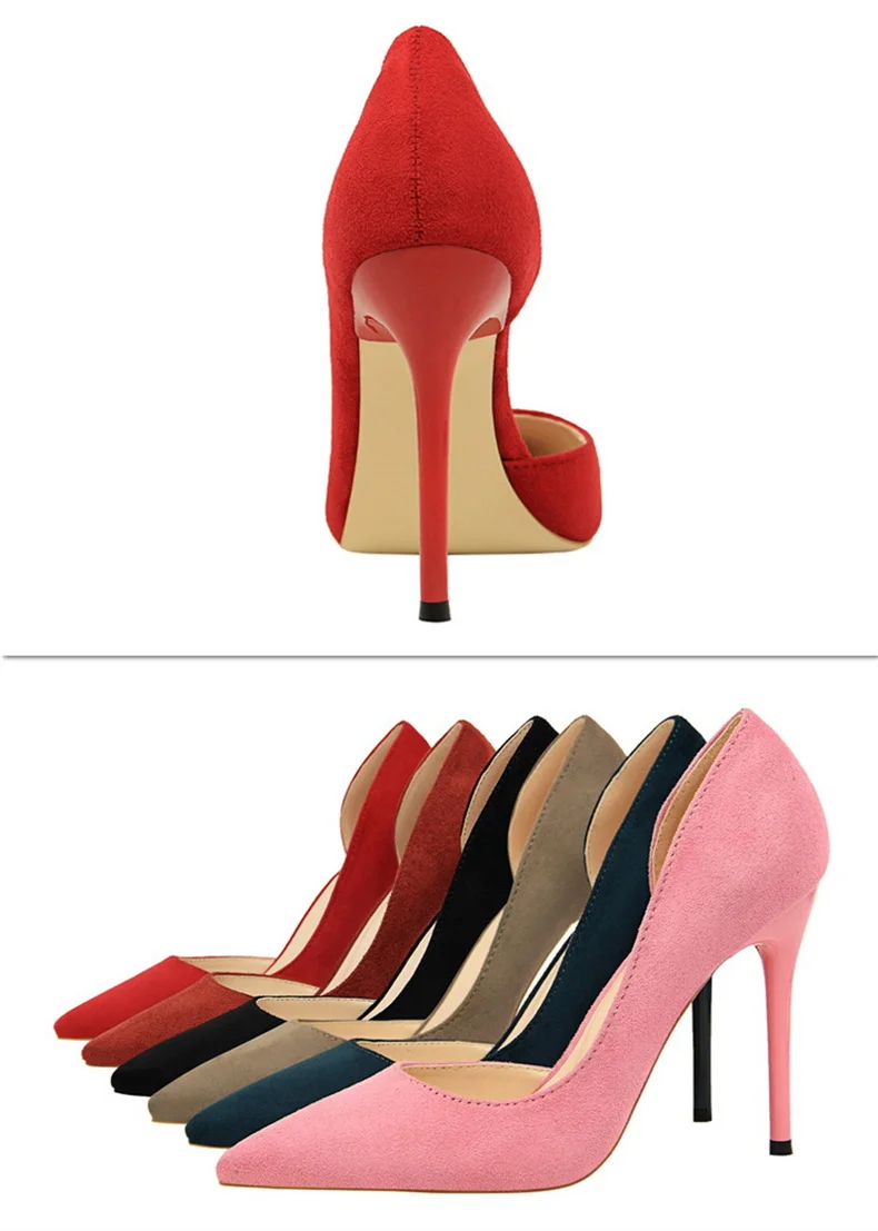Women Shallow Mouth Side Hollow Flock High Heels Pumps Black Pink Red Stiletto Office Wedding Pointed Toe Single Shoes