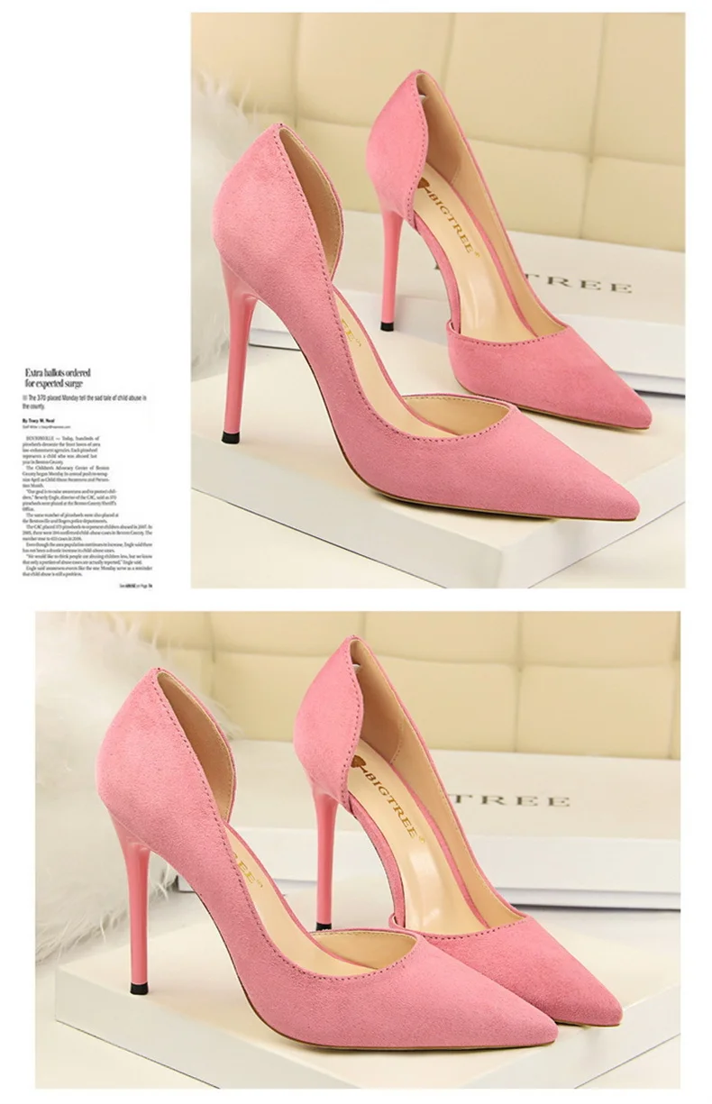 Women Shallow Mouth Side Hollow Flock High Heels Pumps Black Pink Red Stiletto Office Wedding Pointed Toe Single Shoes