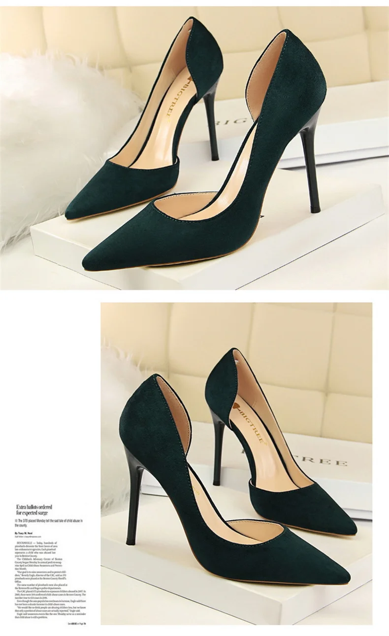 Women Shallow Mouth Side Hollow Flock High Heels Pumps Black Pink Red Stiletto Office Wedding Pointed Toe Single Shoes