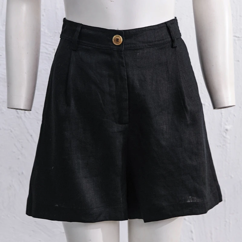 2026 Summer 100% Linen Women's Shorts Casual High Waist Wide Leg Button Up Elegant Ol Short Pants Femme