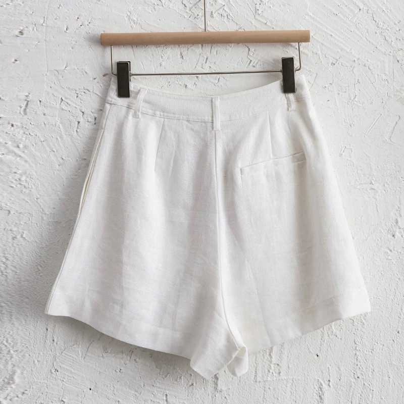 2026 Summer 100% Linen Women's Shorts Casual High Waist Wide Leg Button Up Elegant Ol Short Pants Femme