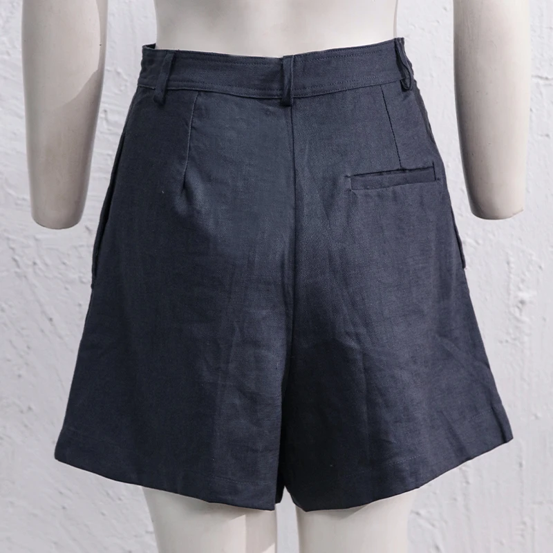 2026 Summer 100% Linen Women's Shorts Casual High Waist Wide Leg Button Up Elegant Ol Short Pants Femme