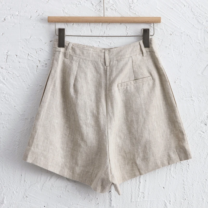 2026 Summer 100% Linen Women's Shorts Casual High Waist Wide Leg Button Up Elegant Ol Short Pants Femme