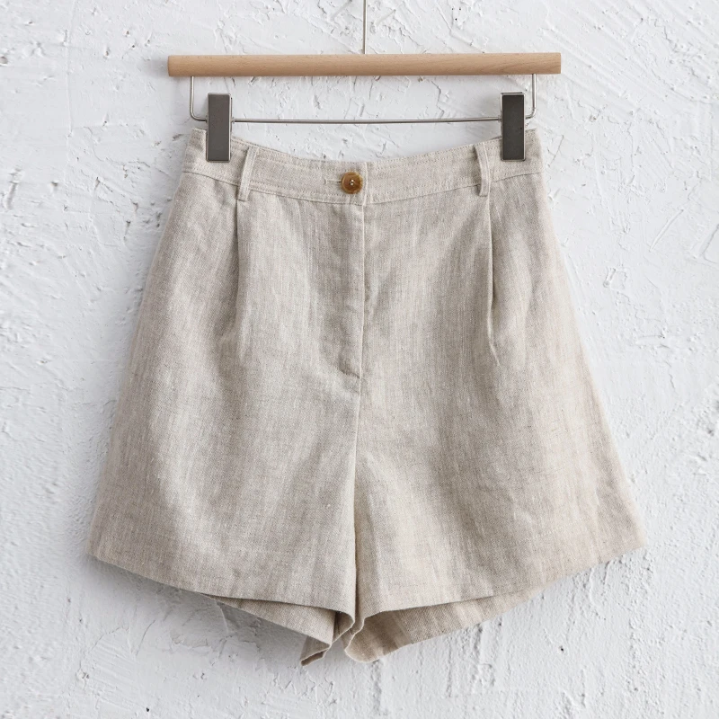 2026 Summer 100% Linen Women's Shorts Casual High Waist Wide Leg Button Up Elegant Ol Short Pants Femme