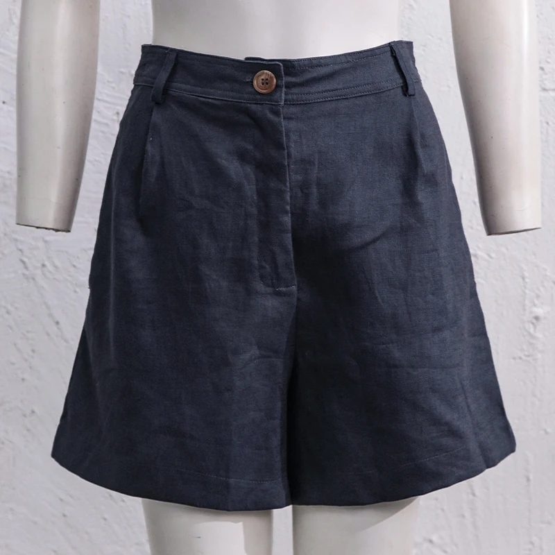 2026 Summer 100% Linen Women's Shorts Casual High Waist Wide Leg Button Up Elegant Ol Short Pants Femme
