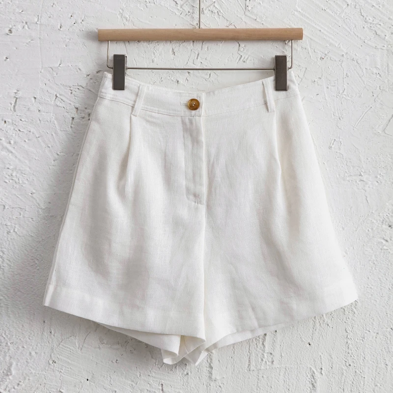 2026 Summer 100% Linen Women's Shorts Casual High Waist Wide Leg Button Up Elegant Ol Short Pants Femme