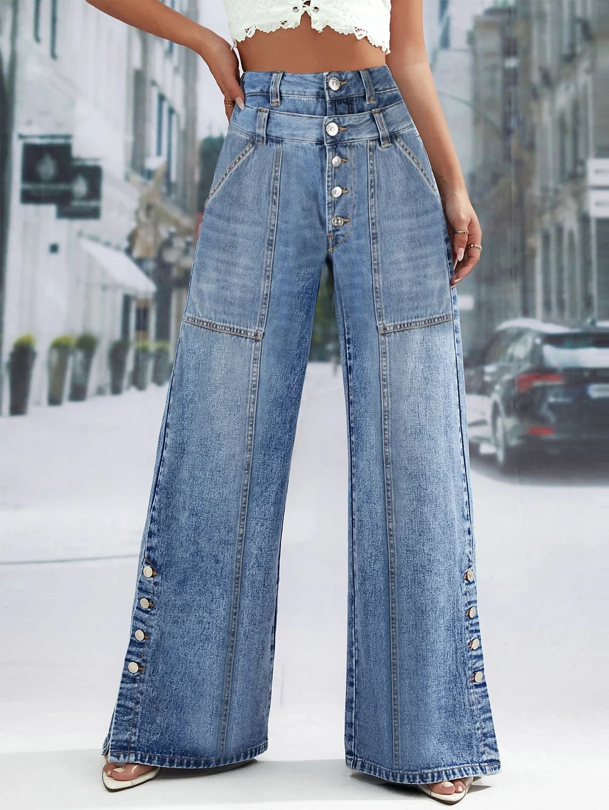 High Waist Wide Leg Jeans Women Fashion High Waist Button Wide Leg Long Pants Loose Slimming Straight Trendy Long Pants 2026