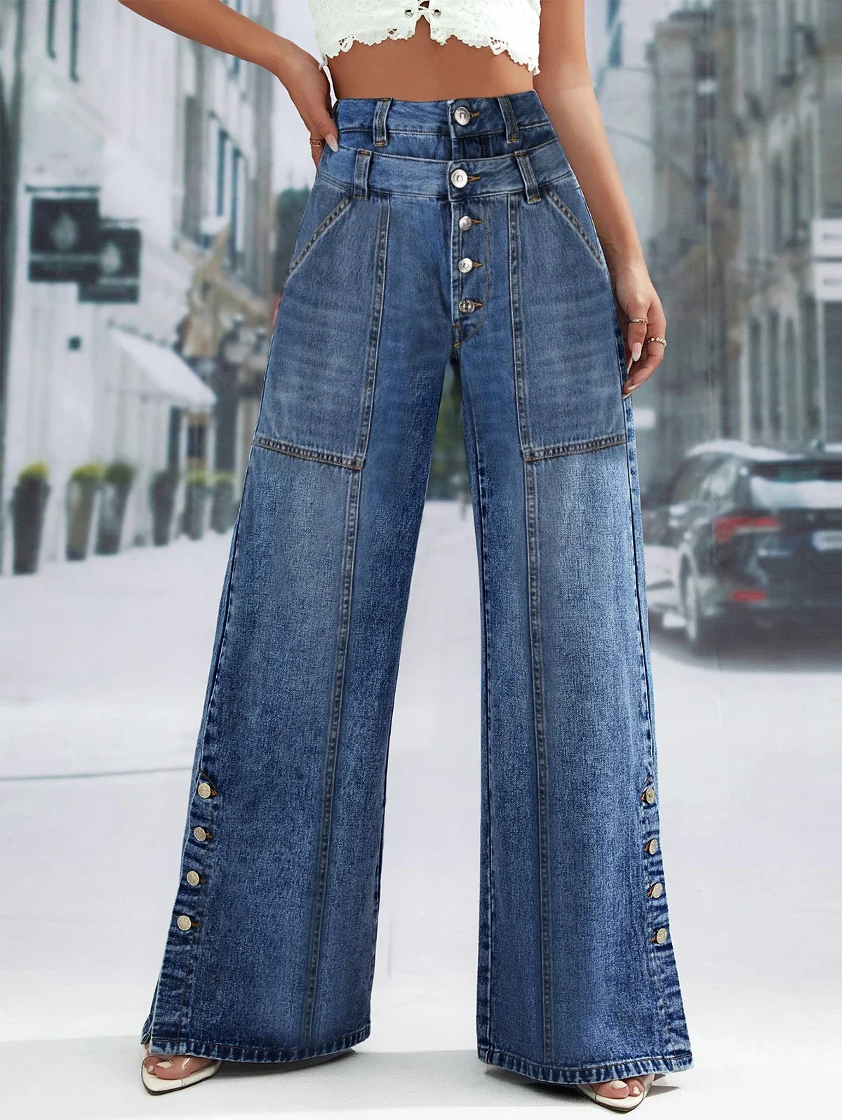 High Waist Wide Leg Jeans Women Fashion High Waist Button Wide Leg Long Pants Loose Slimming Straight Trendy Long Pants 2026