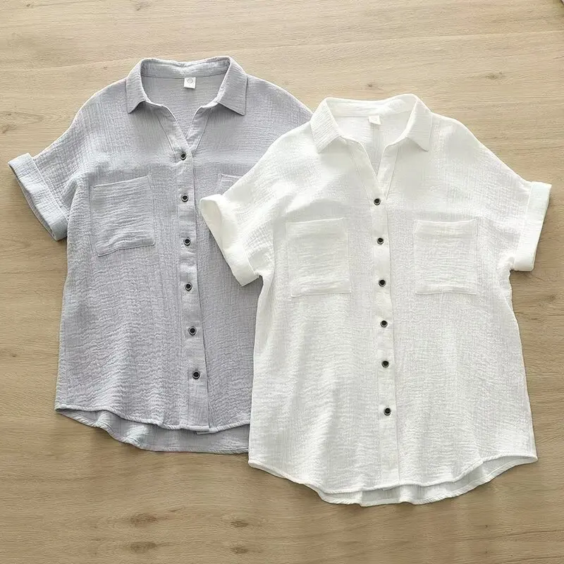 New Spring Cotton Loose Shirt Women Short Sleeve Pockets Solid Color OL Tops Girl Fashion Casual Blouses 2024 Summer T45340QM