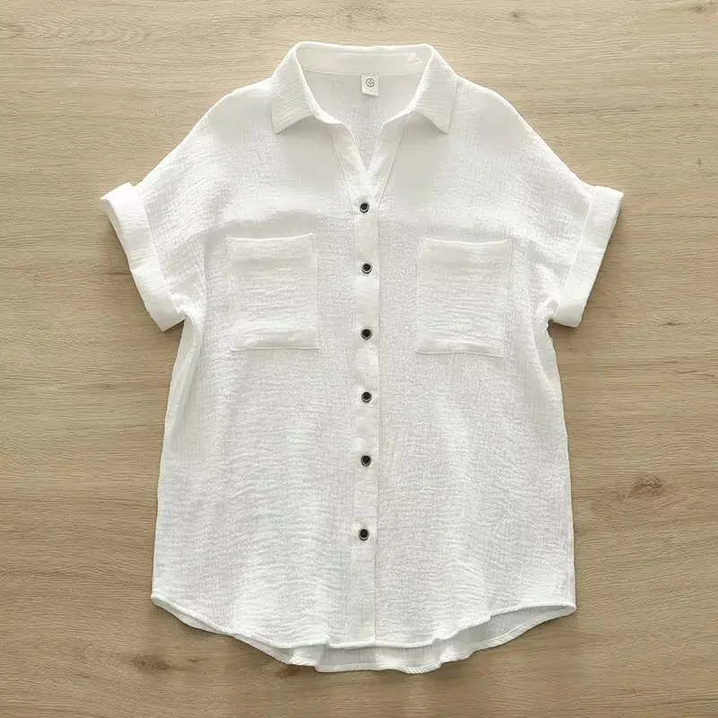 New Spring Cotton Loose Shirt Women Short Sleeve Pockets Solid Color OL Tops Girl Fashion Casual Blouses 2024 Summer T45340QM
