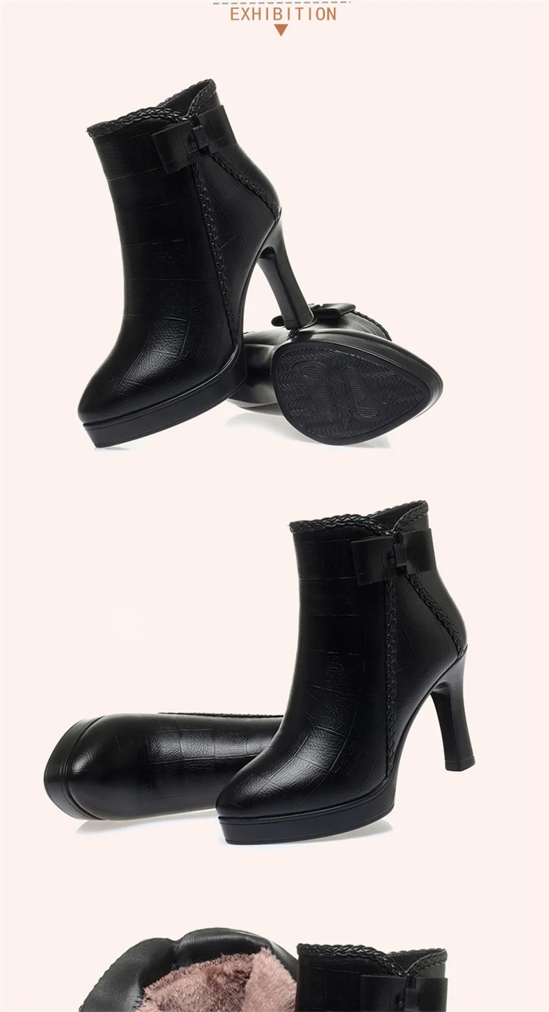 Autumn Women's Platform Shoes New Plus Velvet Stiletto Heel Heeled Ankle Boots Winter Versatile Pointed Toe Warm Short Boots