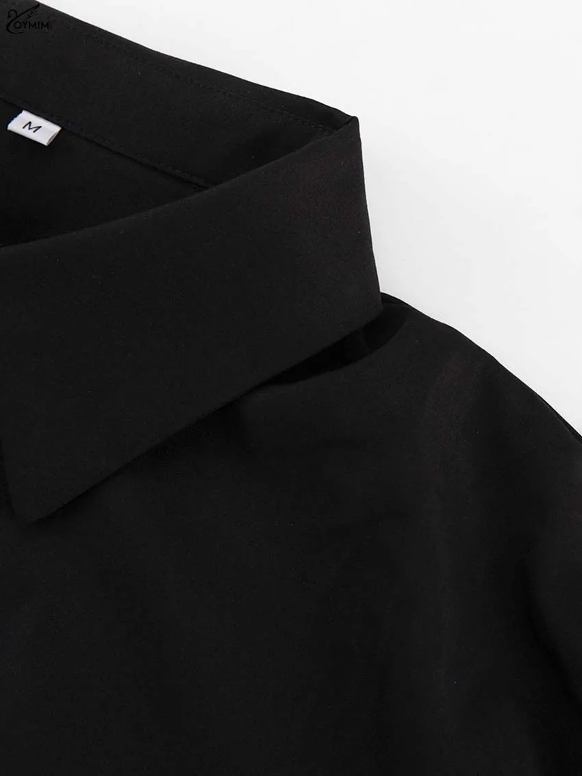 Oymimi Elegant Black Lapel Women's Blouse Fashion Long Sleeve Solid Shirts Casual Single Breasted Asymmetrical Blouses Female