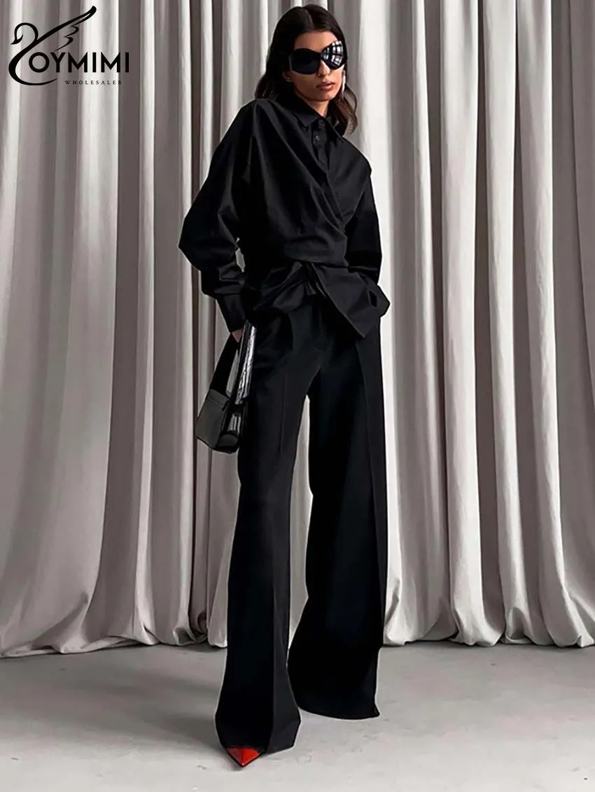 Oymimi Elegant Black Lapel Women's Blouse Fashion Long Sleeve Solid Shirts Casual Single Breasted Asymmetrical Blouses Female