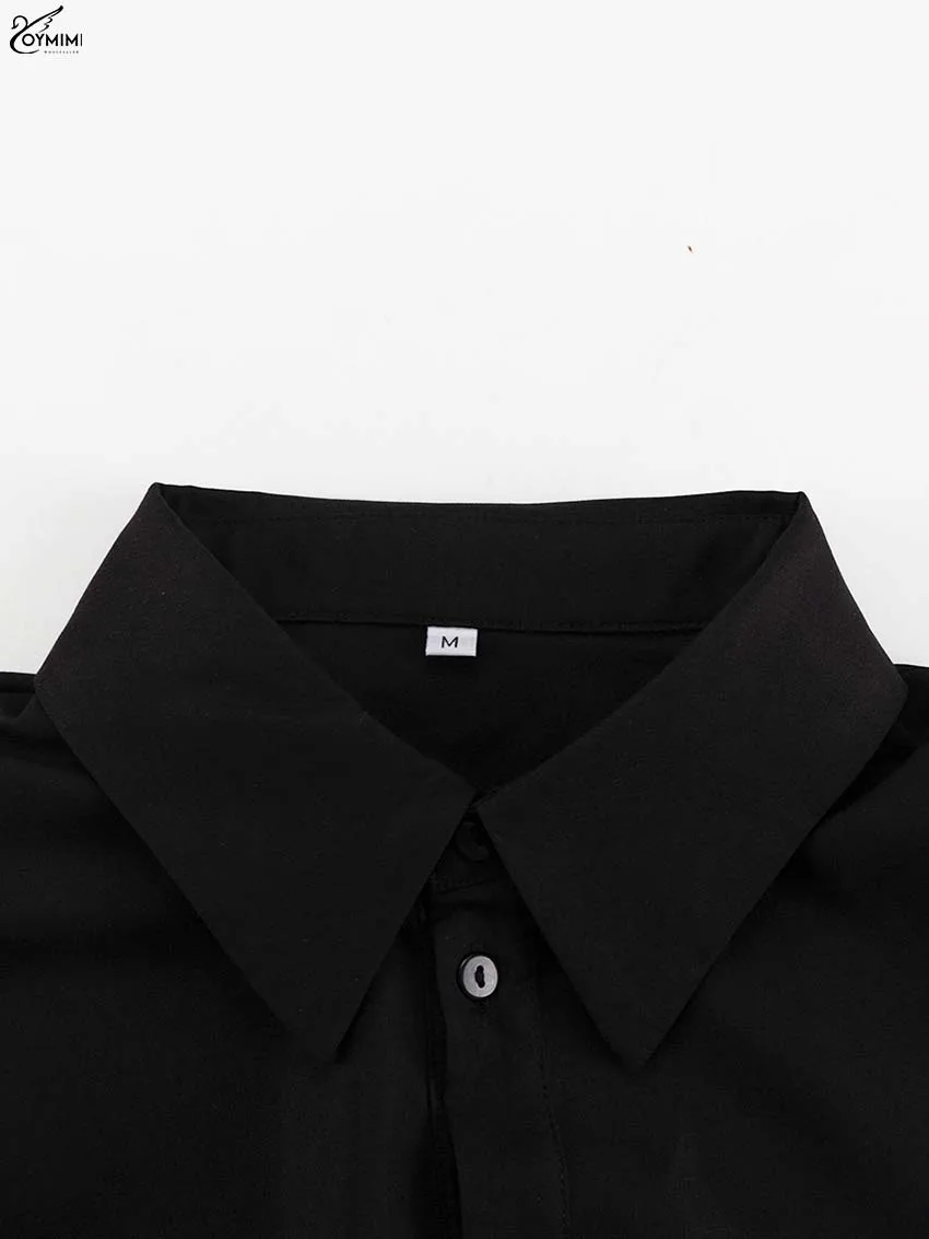 Oymimi Elegant Black Lapel Women's Blouse Fashion Long Sleeve Solid Shirts Casual Single Breasted Asymmetrical Blouses Female