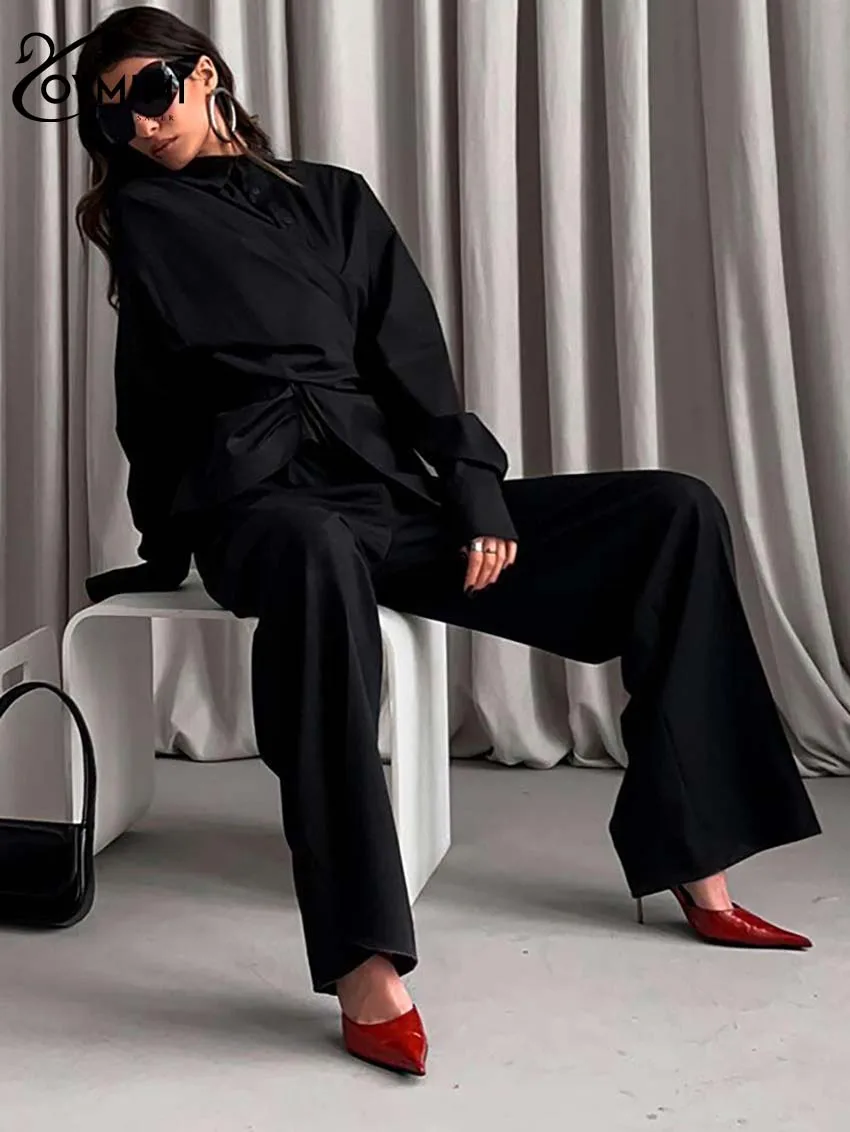 Oymimi Elegant Black Lapel Women's Blouse Fashion Long Sleeve Solid Shirts Casual Single Breasted Asymmetrical Blouses Female