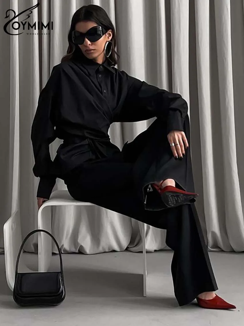 Oymimi Elegant Black Lapel Women's Blouse Fashion Long Sleeve Solid Shirts Casual Single Breasted Asymmetrical Blouses Female