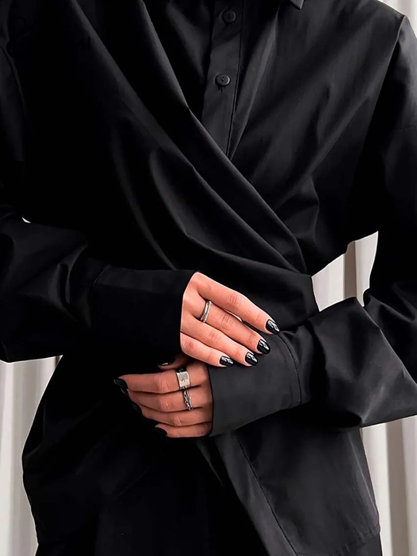 Oymimi Elegant Black Lapel Women's Blouse Fashion Long Sleeve Solid Shirts Casual Single Breasted Asymmetrical Blouses Female