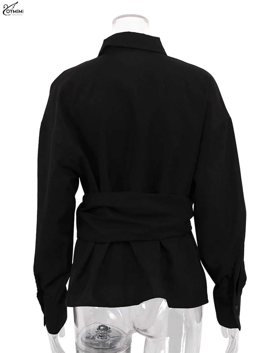 Oymimi Elegant Black Lapel Women's Blouse Fashion Long Sleeve Solid Shirts Casual Single Breasted Asymmetrical Blouses Female