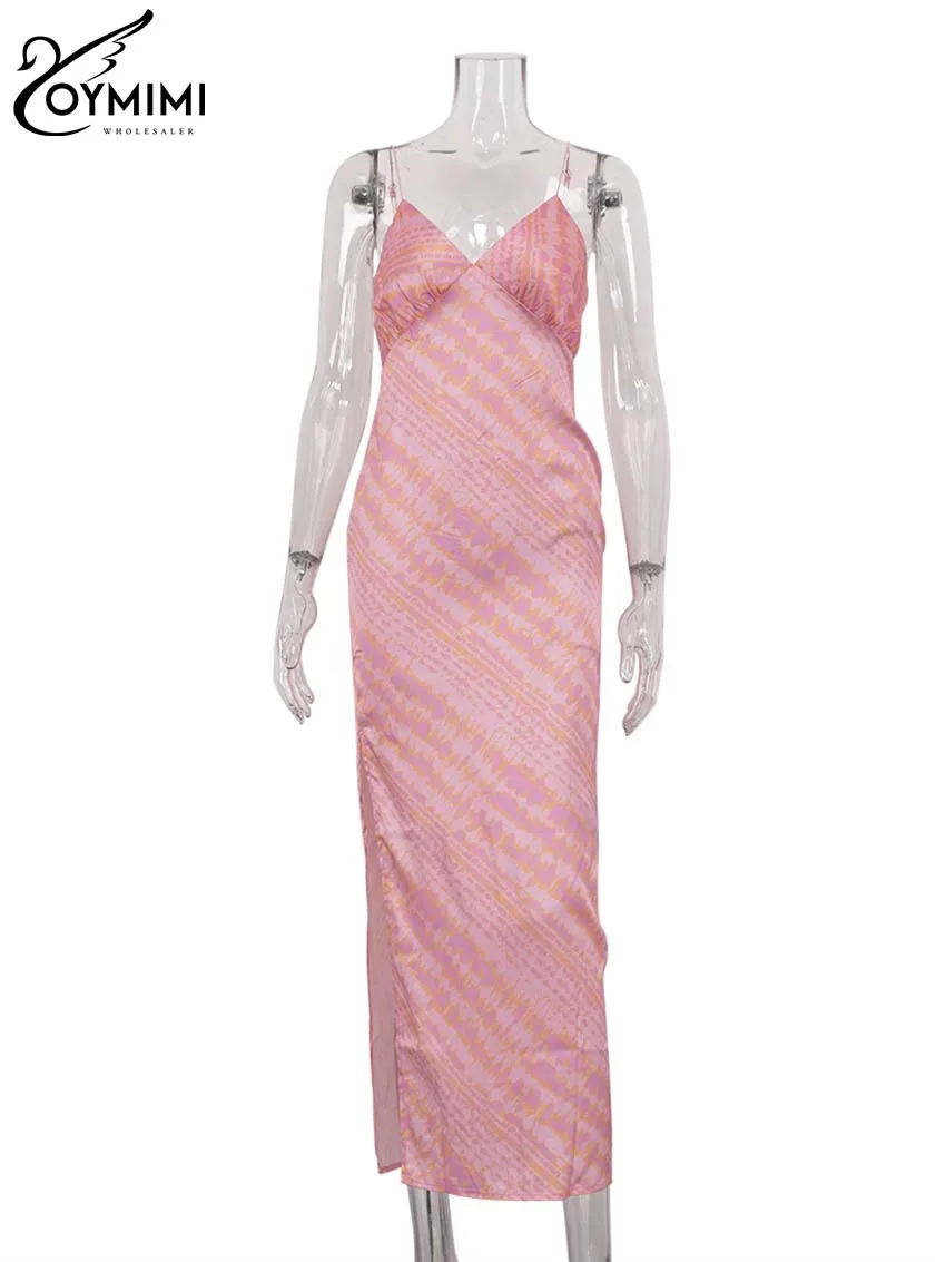 Oymimi Fashion Pink Print Womens Dresses Elegant Spaghetti Strap V-Neck Open Back Dresses Summer Side Slit Floor-Length Dress