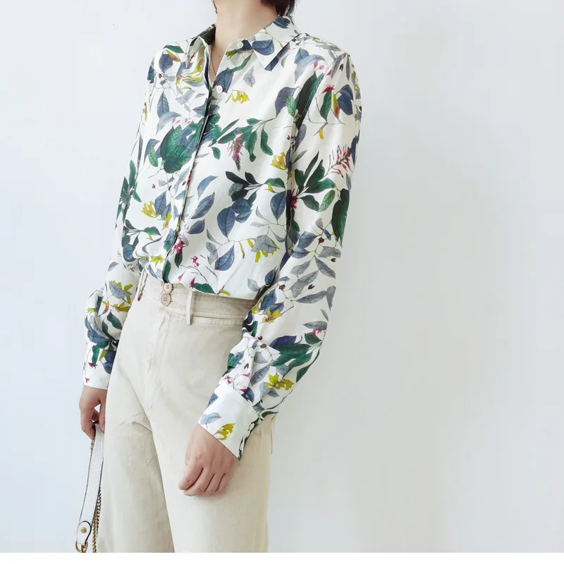 Birdtree 30% Silk 70%Cotton Shirt Women's Lapel Vintage Long Sleeves French Resort Style Loose Blouse Spring New T41118QD