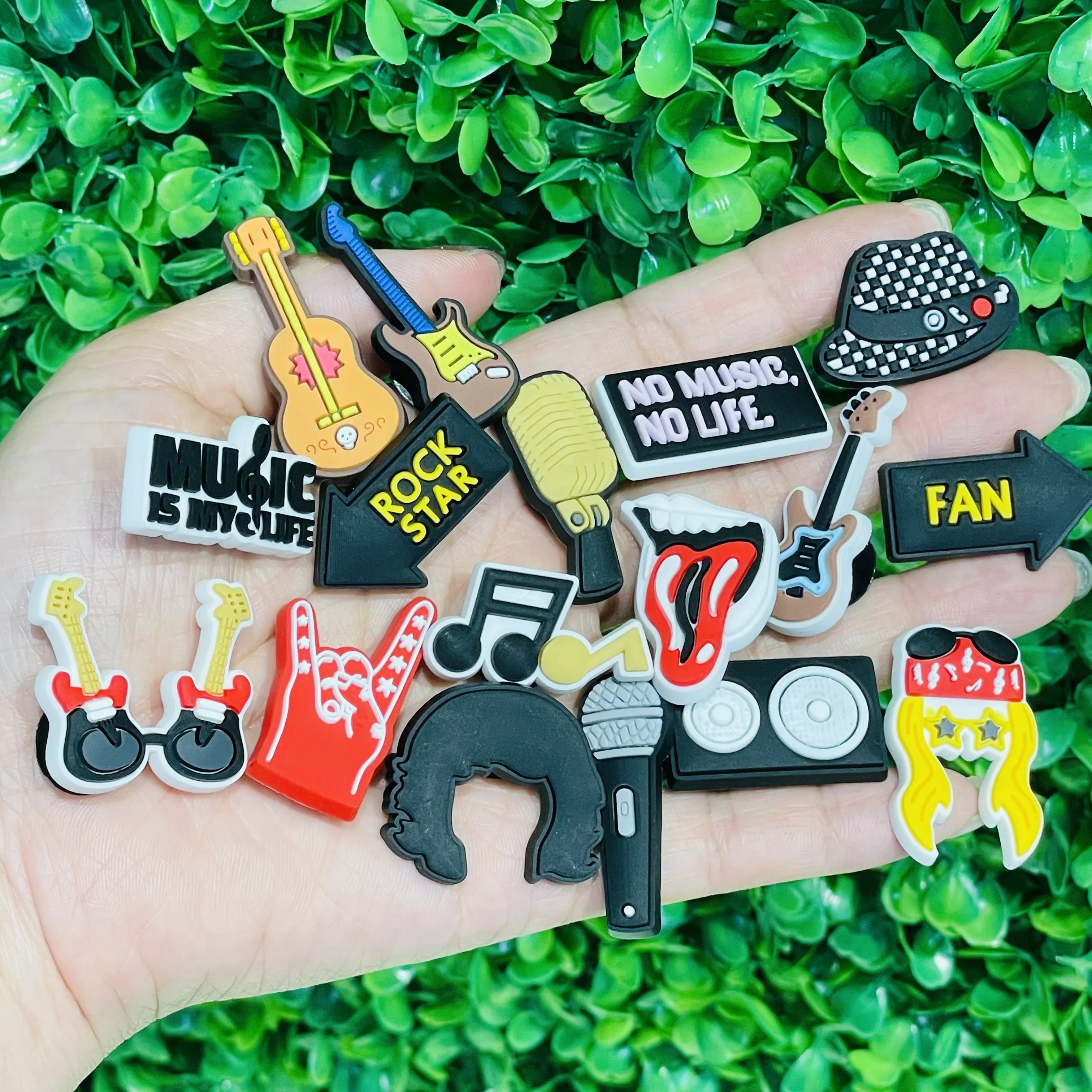 1-17Pcs Music Is My Life Slipper PVC Shoes Charms Guitar Microphone Buckle Clog Decorations DIY Backpack Wristbands Party Gift
