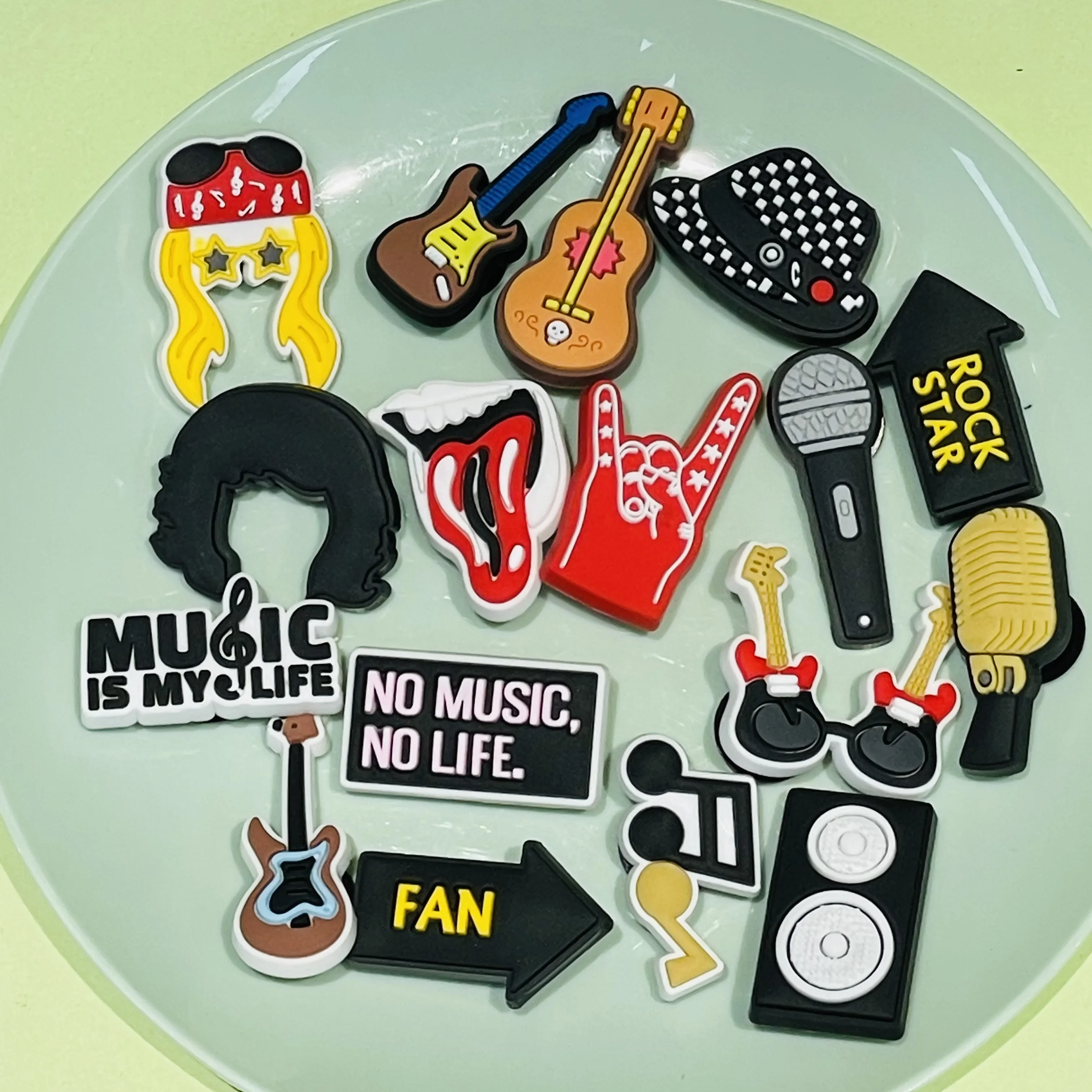 1-17Pcs Music Is My Life Slipper PVC Shoes Charms Guitar Microphone Buckle Clog Decorations DIY Backpack Wristbands Party Gift
