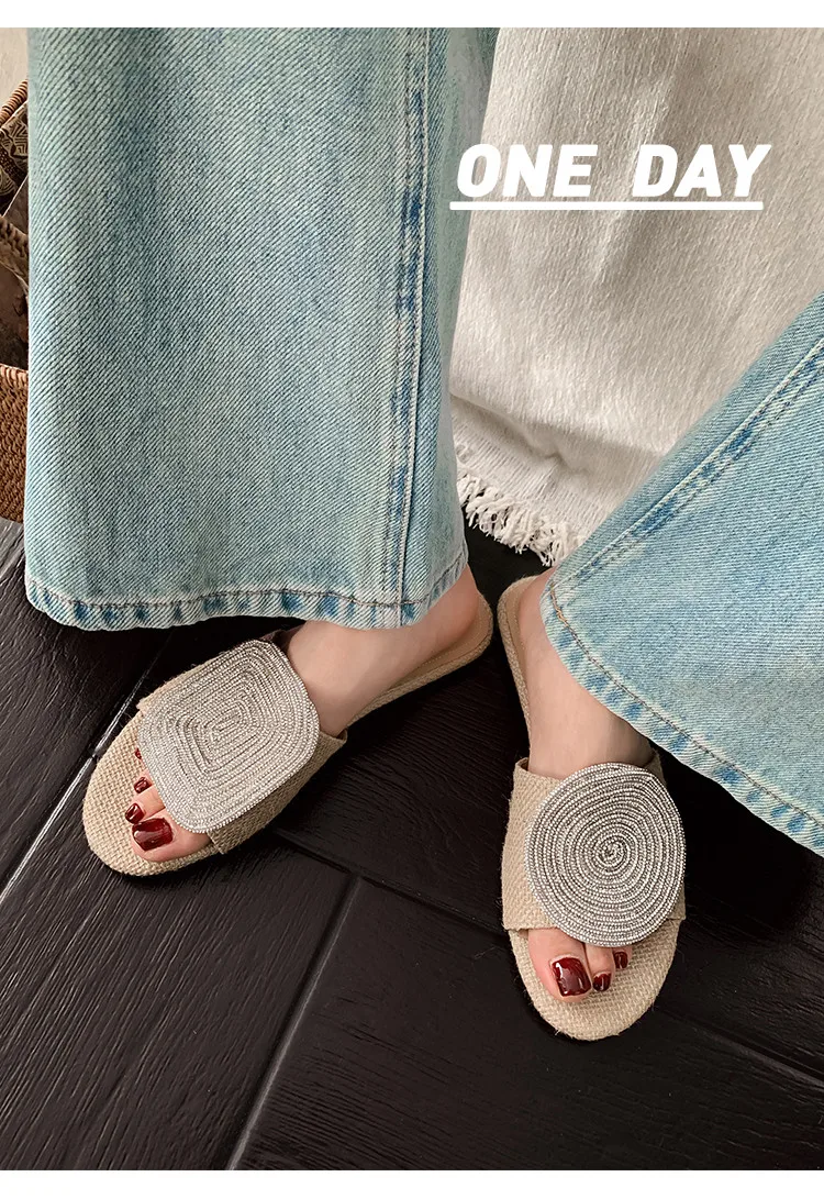 MKKHOU Fashion Sandals Women's New High Quality Linen Flat Bottom Slippers Minimalist Outdoor Slippers Beach Shoes