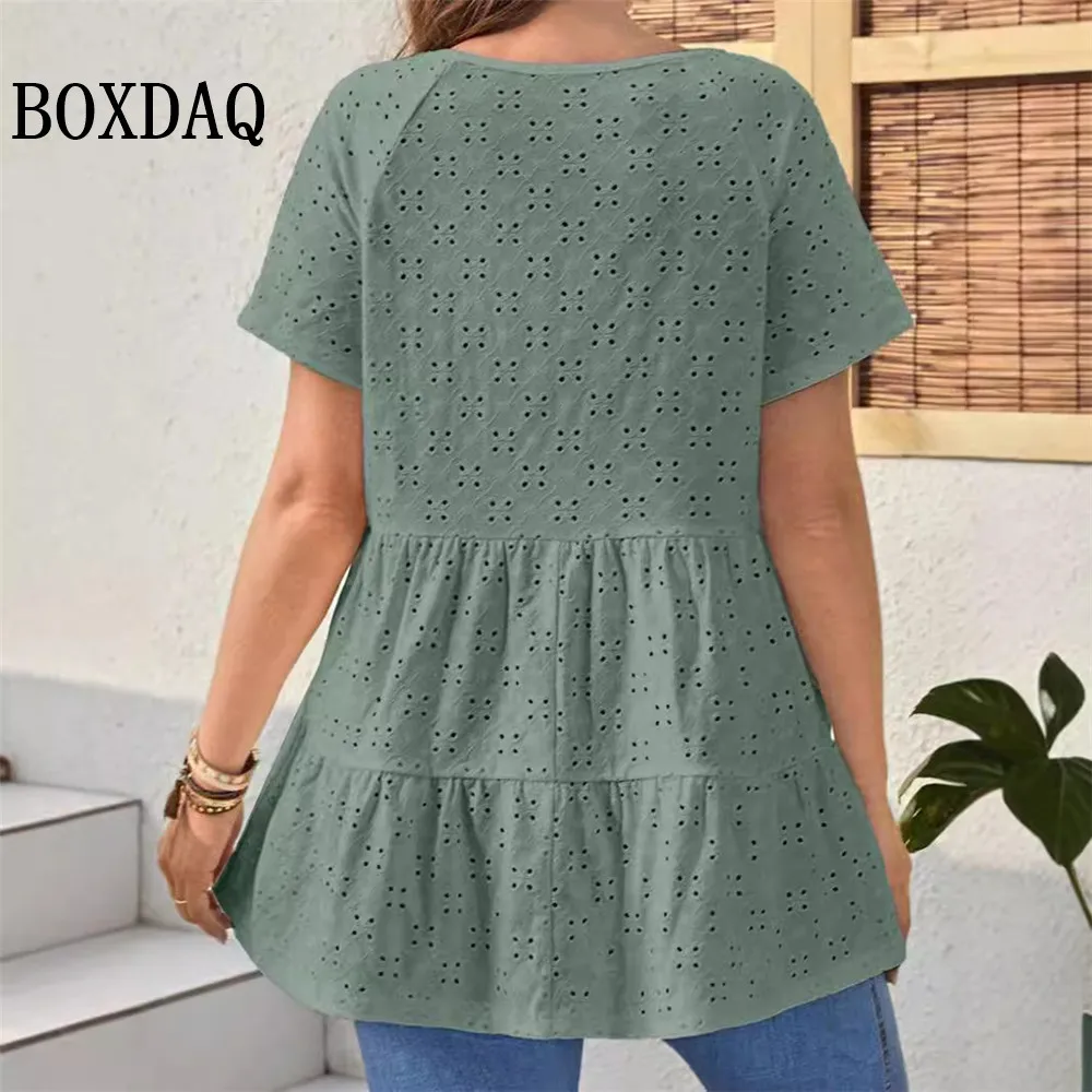 2024 Summer Blouses Women New Casual V-Neck Hollow Out Short Sleeve Shirts Female Vacation Solid Loose Fashion Patchwork Tops