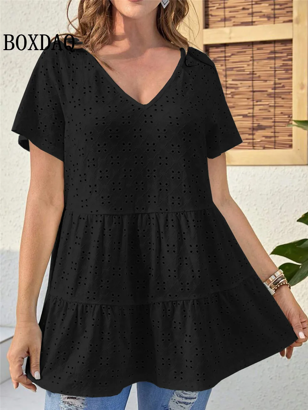 2024 Summer Blouses Women New Casual V-Neck Hollow Out Short Sleeve Shirts Female Vacation Solid Loose Fashion Patchwork Tops