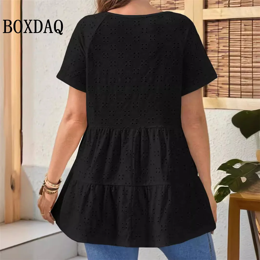 2024 Summer Blouses Women New Casual V-Neck Hollow Out Short Sleeve Shirts Female Vacation Solid Loose Fashion Patchwork Tops