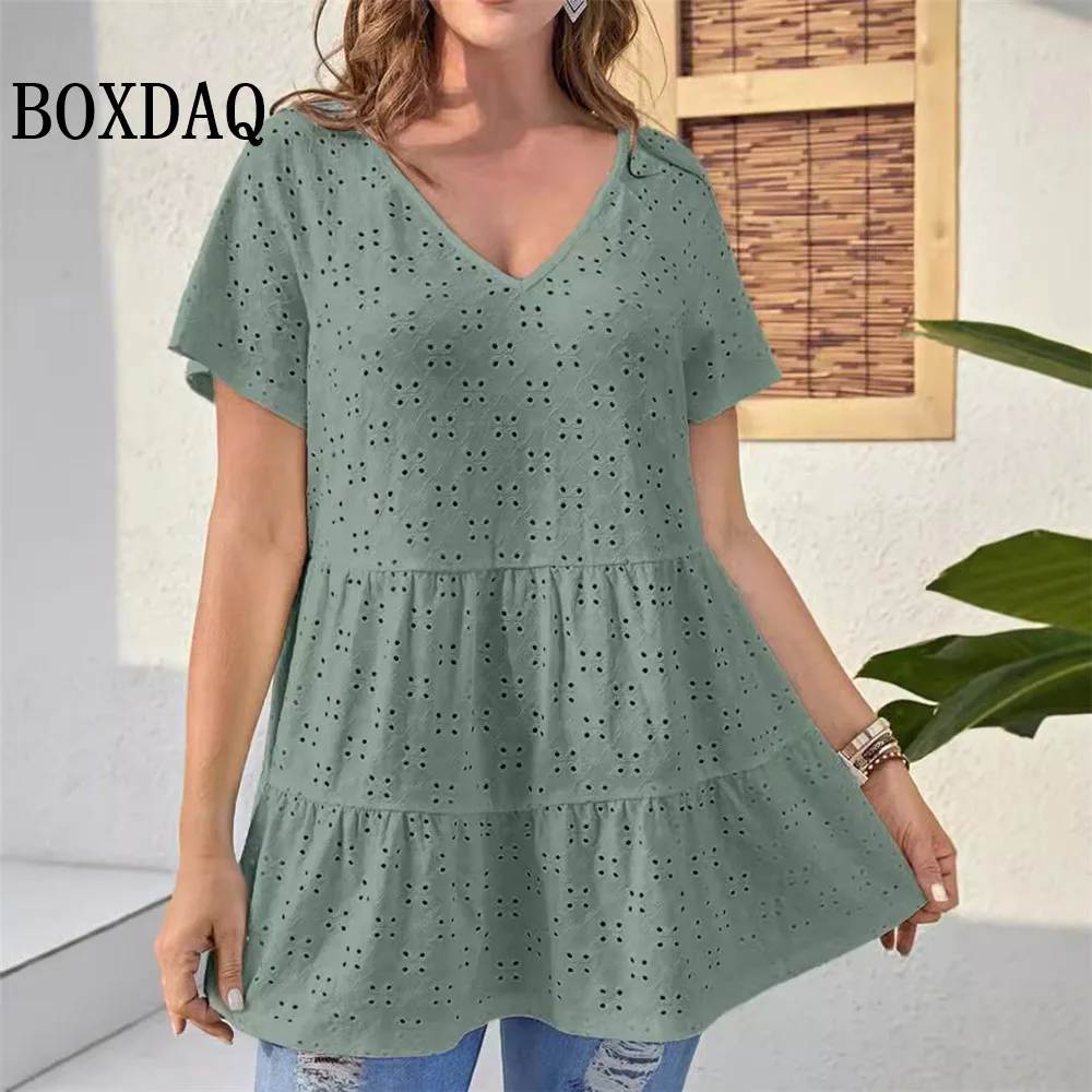 2024 Summer Blouses Women New Casual V-Neck Hollow Out Short Sleeve Shirts Female Vacation Solid Loose Fashion Patchwork Tops