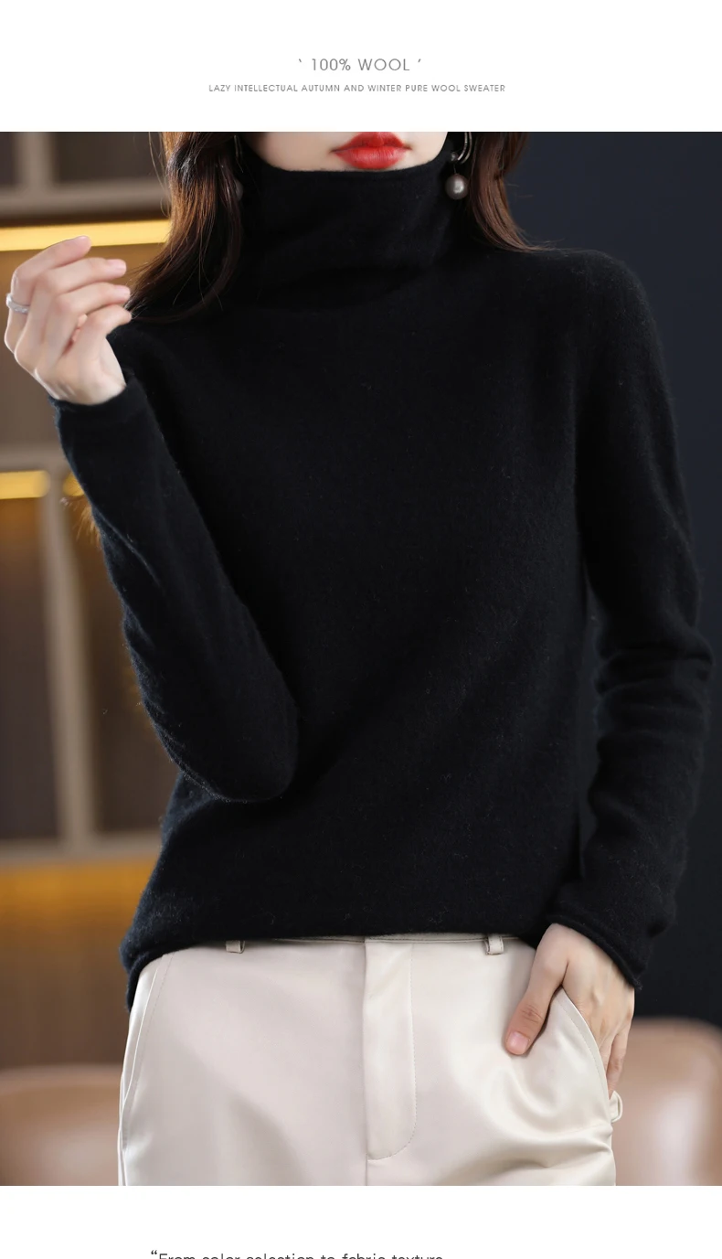 Women 100% Merino Wool Sweater Autumn Winter Fashion Pile Collar Pullover Cashmere Knitwear Casual Long-sleeved Bottoming Tops