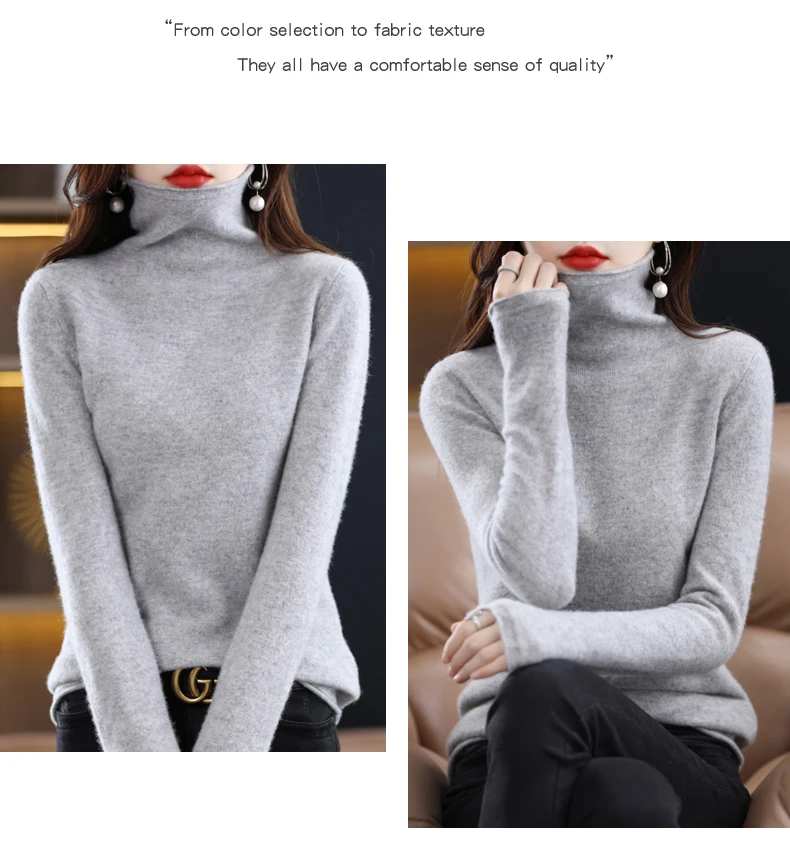 Women 100% Merino Wool Sweater Autumn Winter Fashion Pile Collar Pullover Cashmere Knitwear Casual Long-sleeved Bottoming Tops