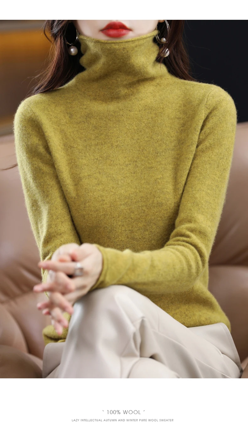 Women 100% Merino Wool Sweater Autumn Winter Fashion Pile Collar Pullover Cashmere Knitwear Casual Long-sleeved Bottoming Tops