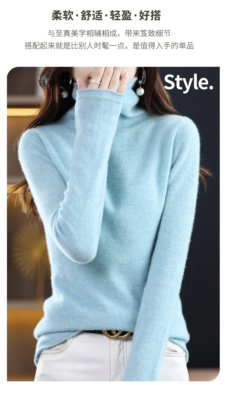 Women 100% Merino Wool Sweater Autumn Winter Fashion Pile Collar Pullover Cashmere Knitwear Casual Long-sleeved Bottoming Tops